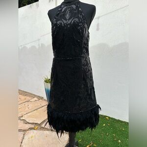 GB Black Embossed Mini Dress with Feather Trim